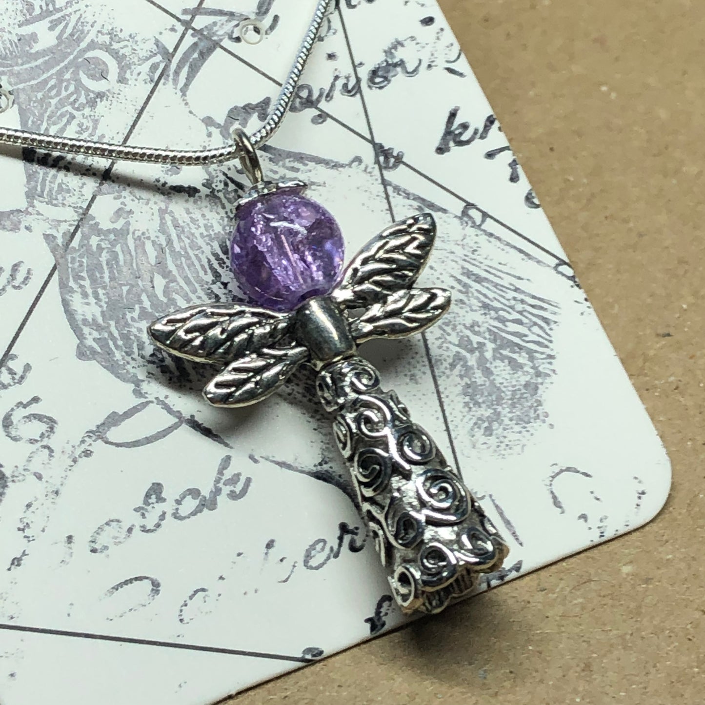 Angel and purple crackle glass silver necklace