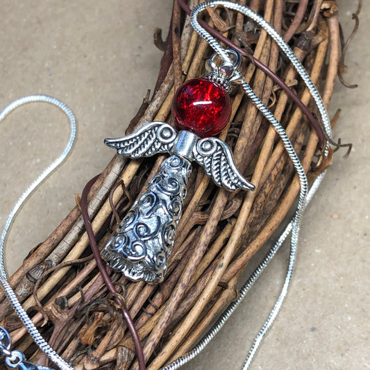 Angel and red crackle glass silver necklace