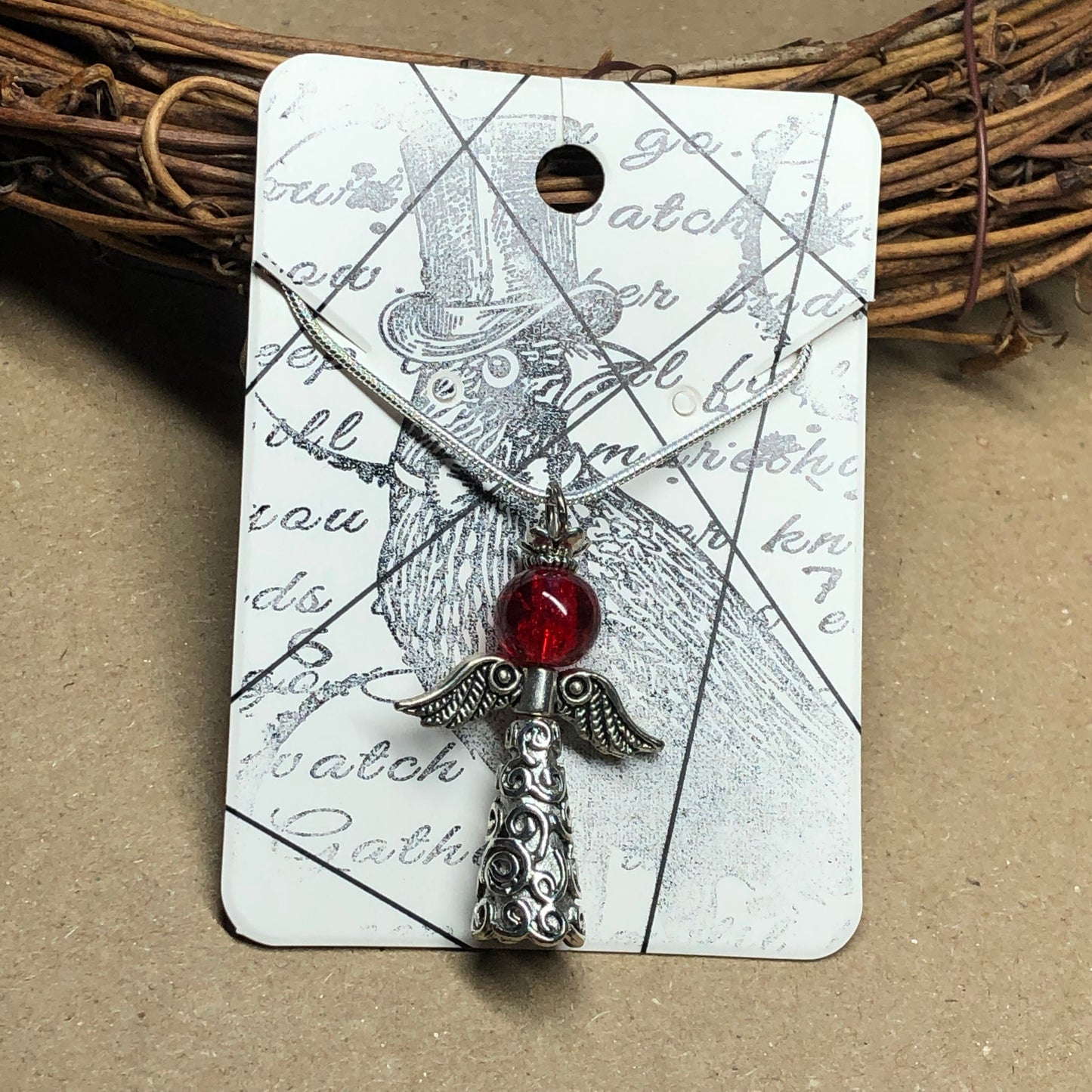 Angel and red crackle glass silver necklace