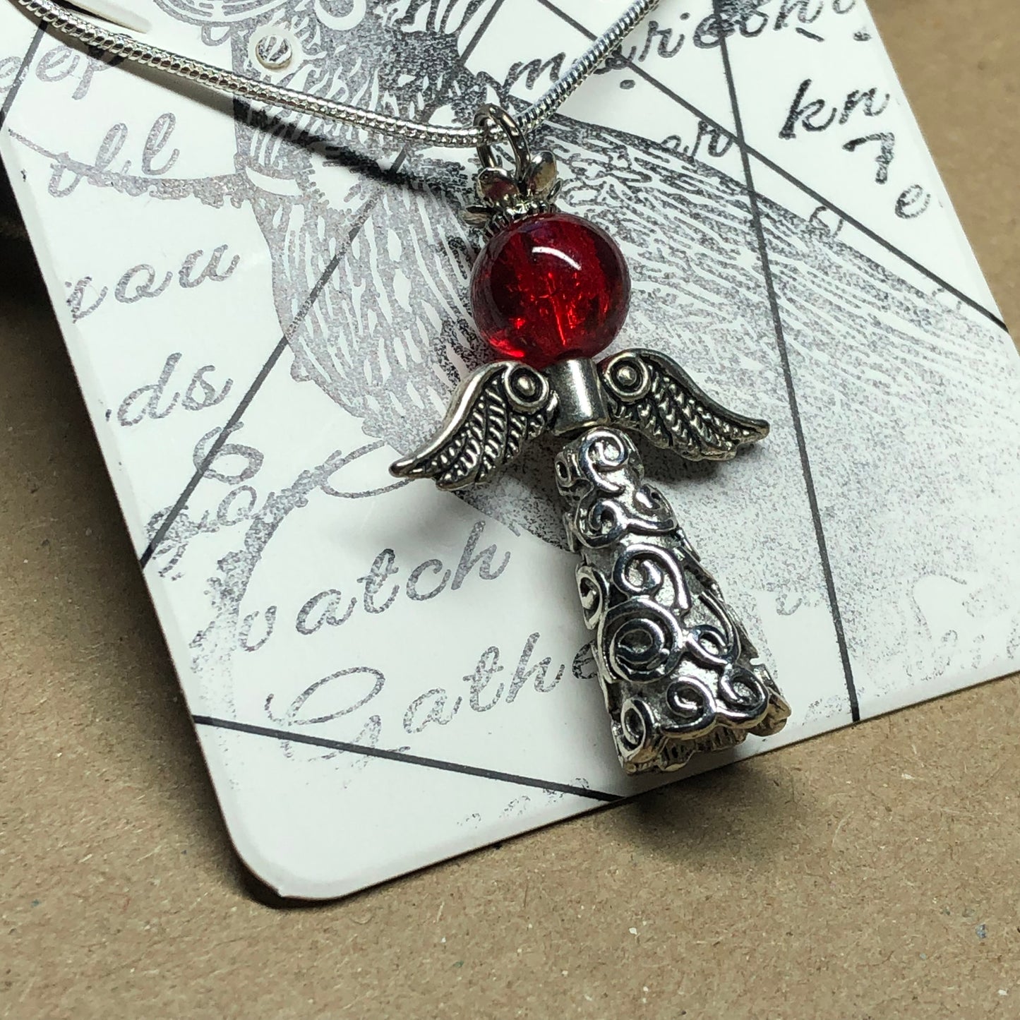 Angel and red crackle glass silver necklace