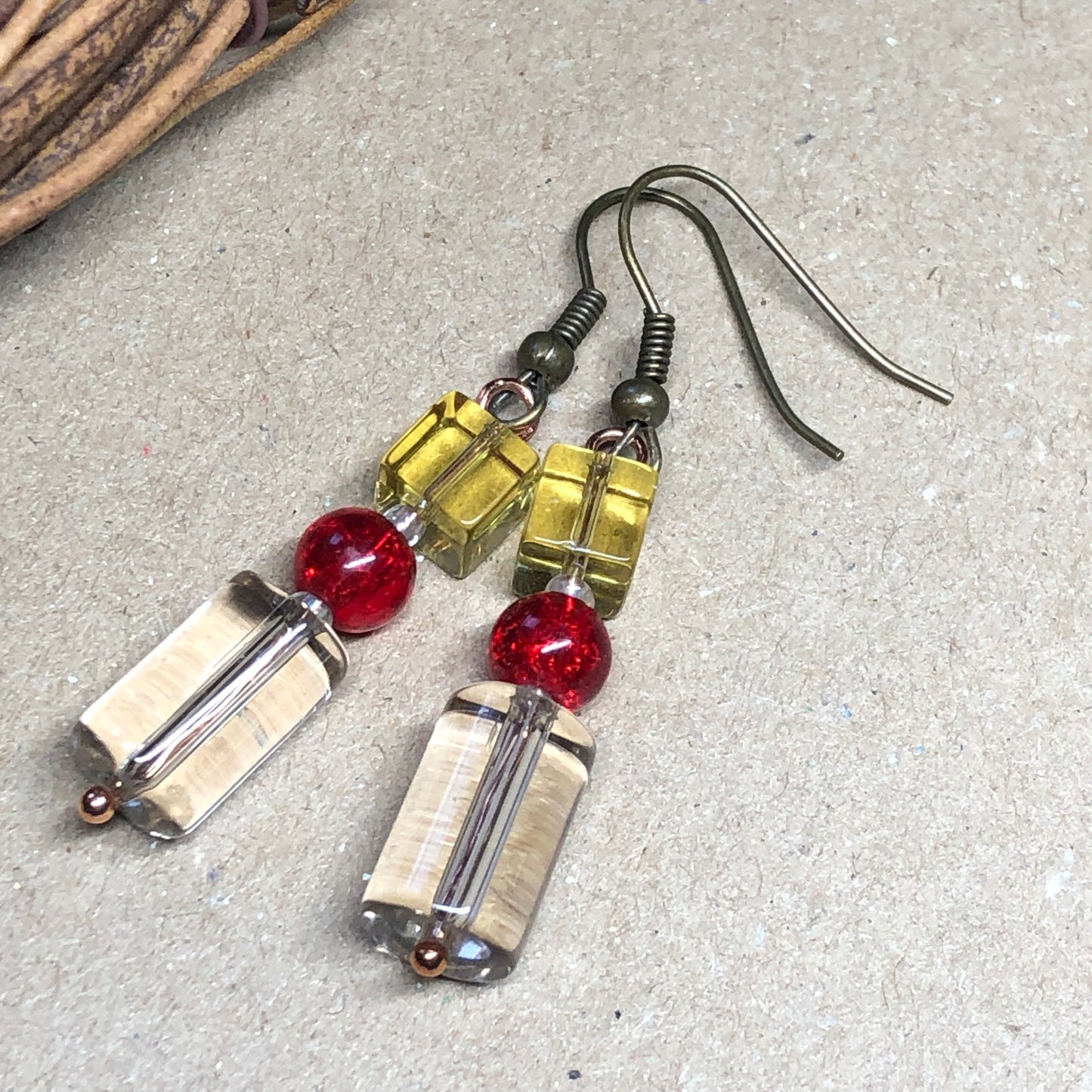 Yellow and red glass earrings