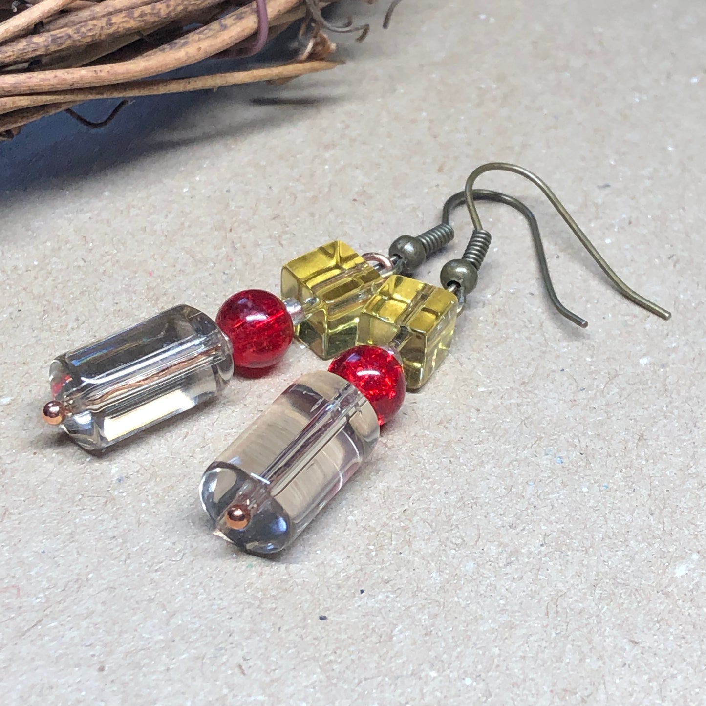 Yellow and red glass earrings