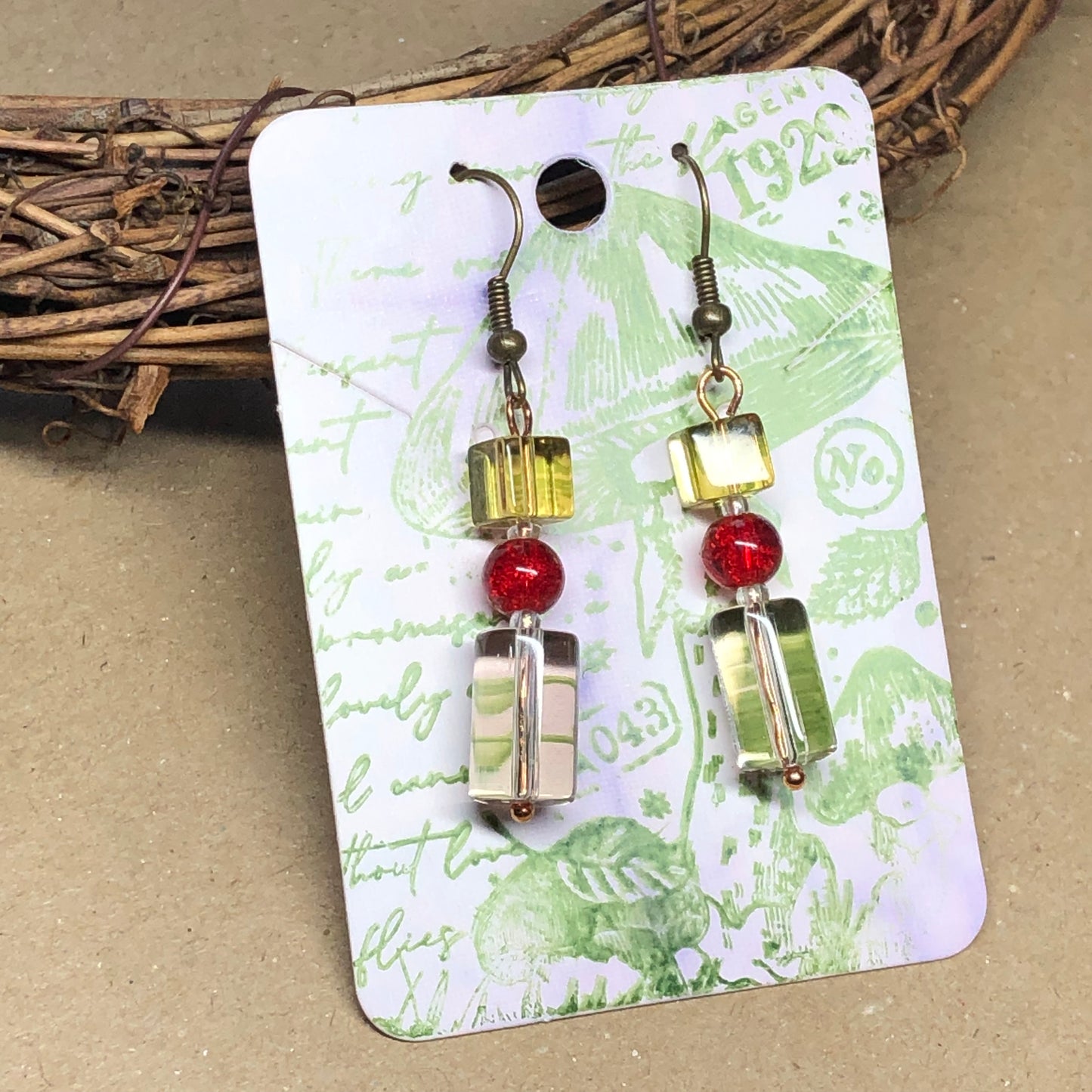 Yellow and red glass earrings