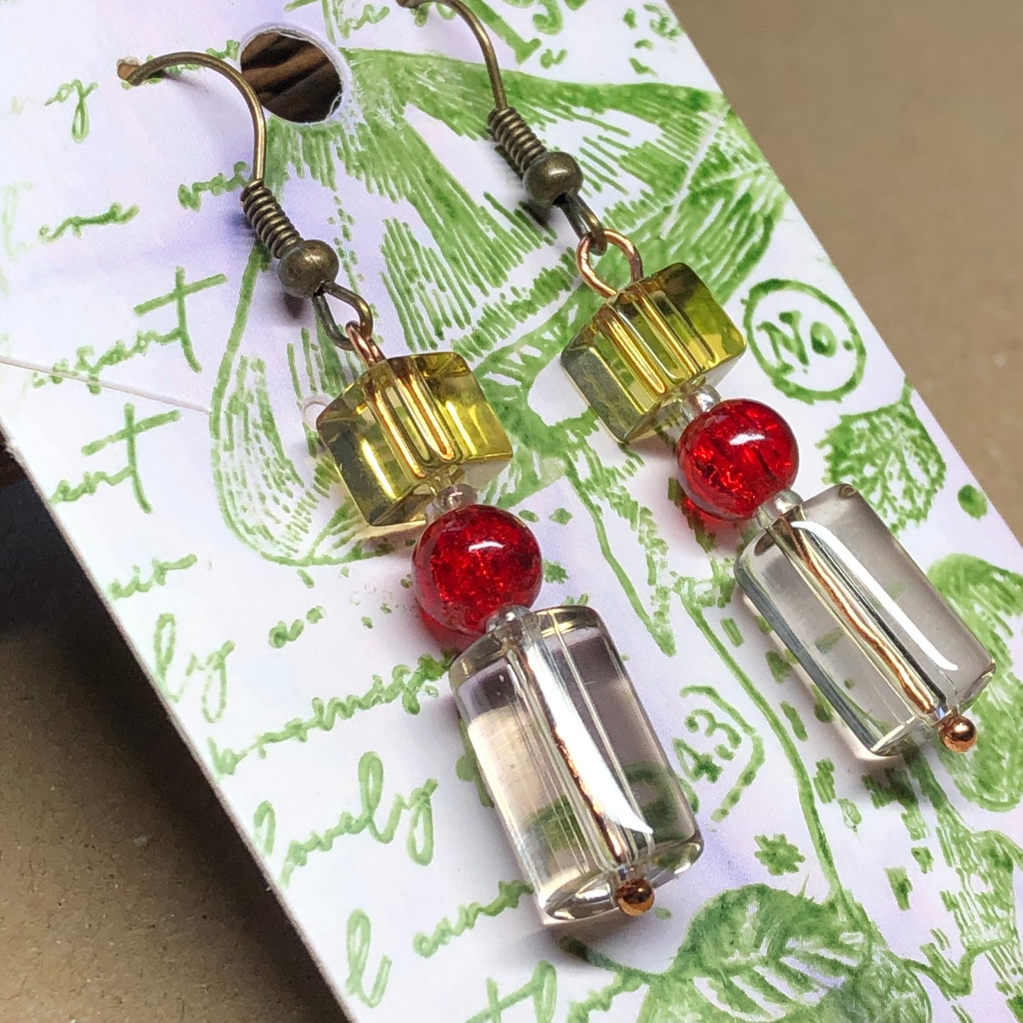 Yellow and red glass earrings