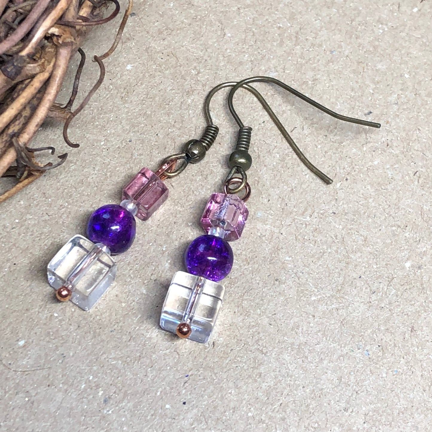 Pink and purple glass earrings