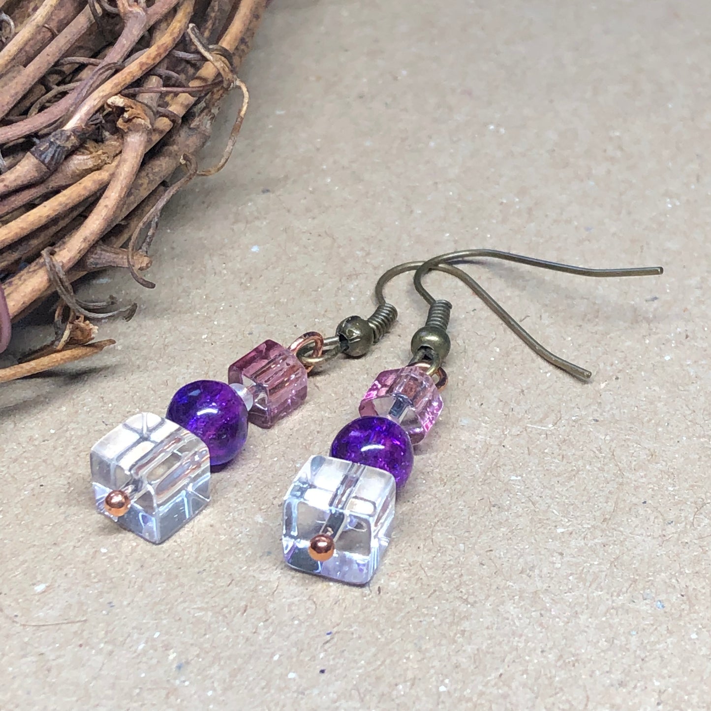 Pink and purple glass earrings