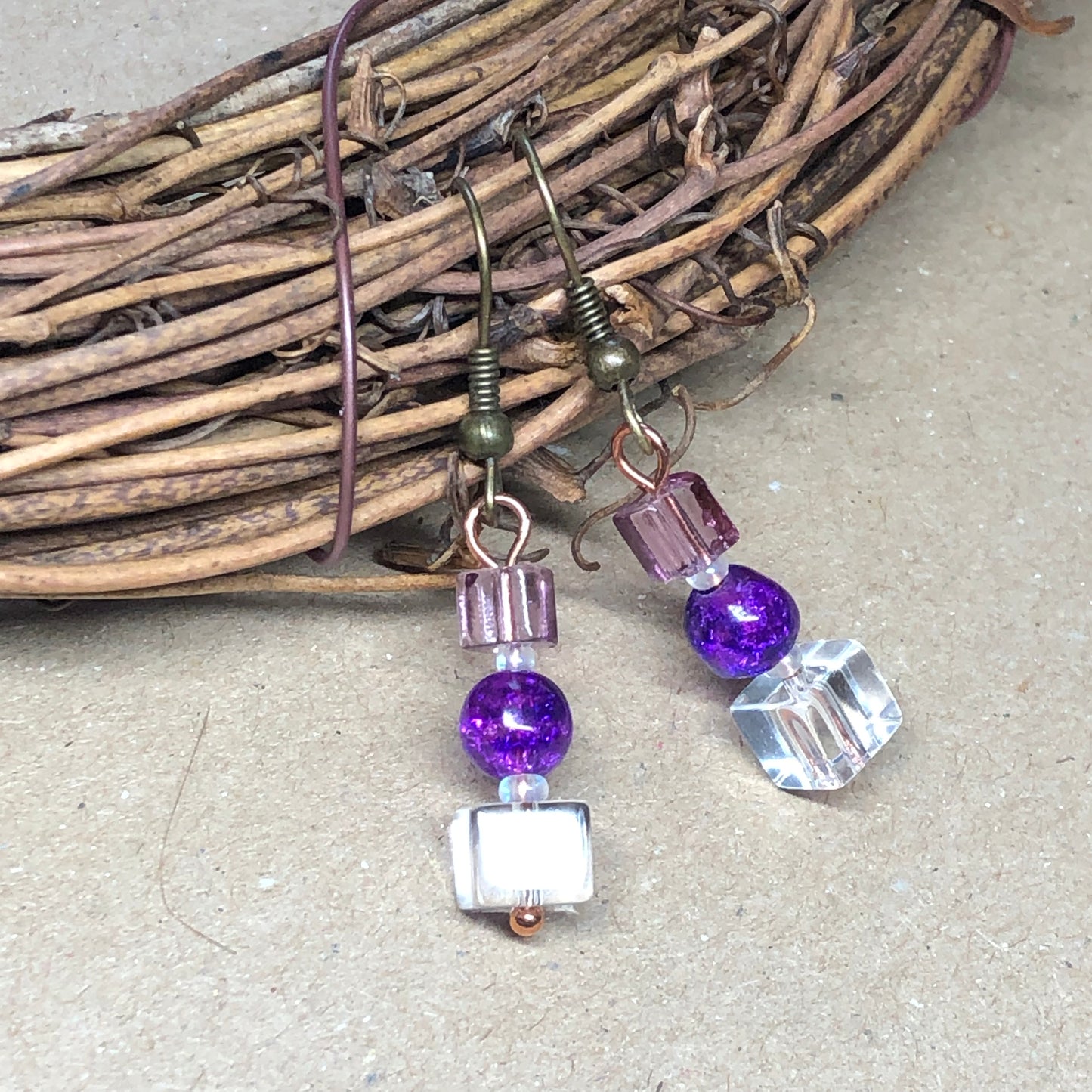 Pink and purple glass earrings