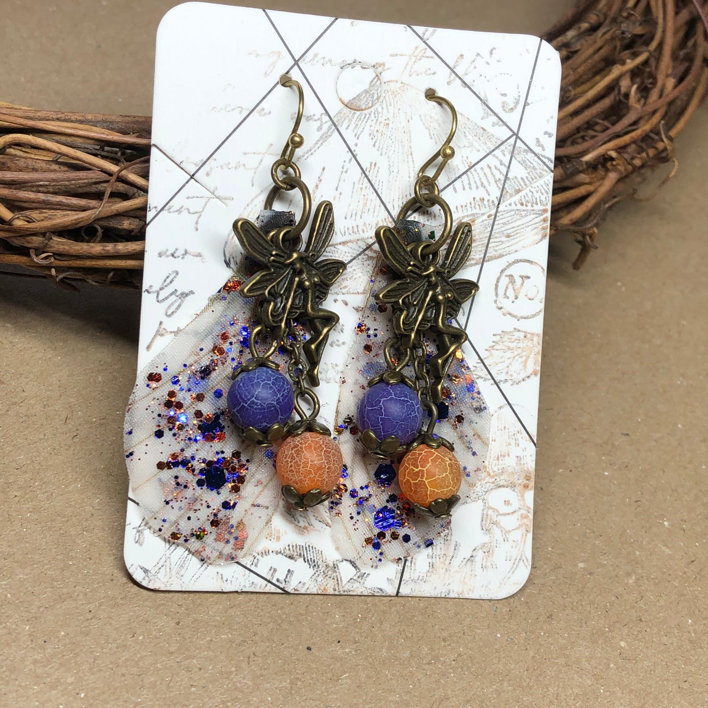 Bronze fairy wing earrings with dragon vein agates