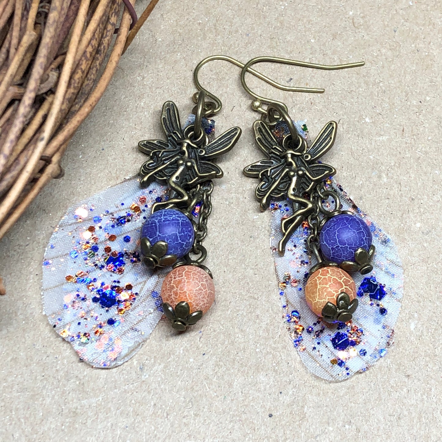 Bronze fairy wing earrings with dragon vein agates