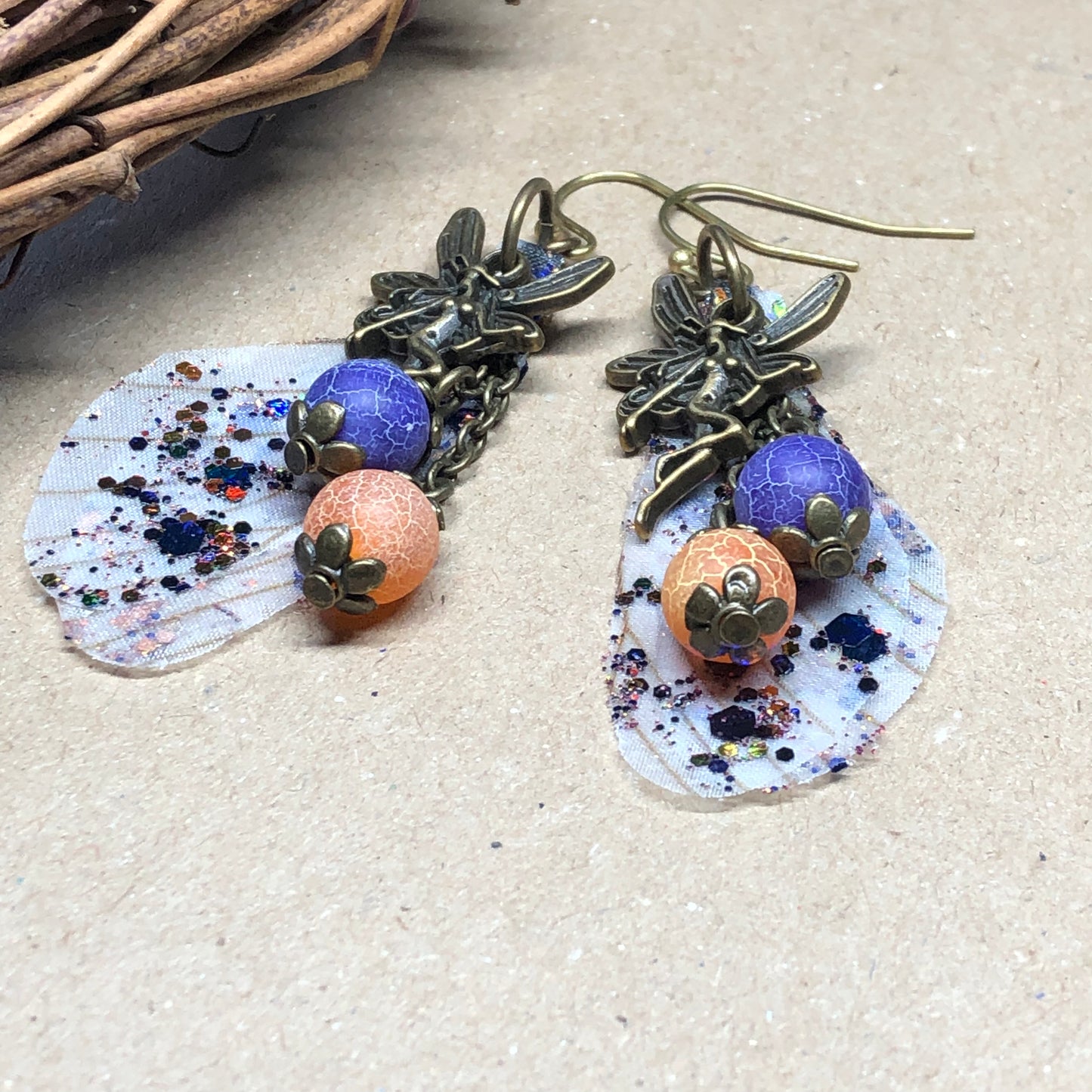 Bronze fairy wing earrings with dragon vein agates