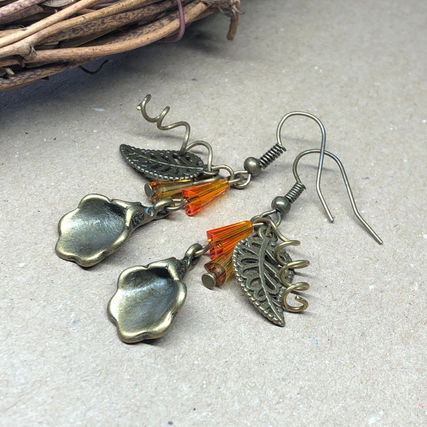 Fiery crystal bronze leaf earrings