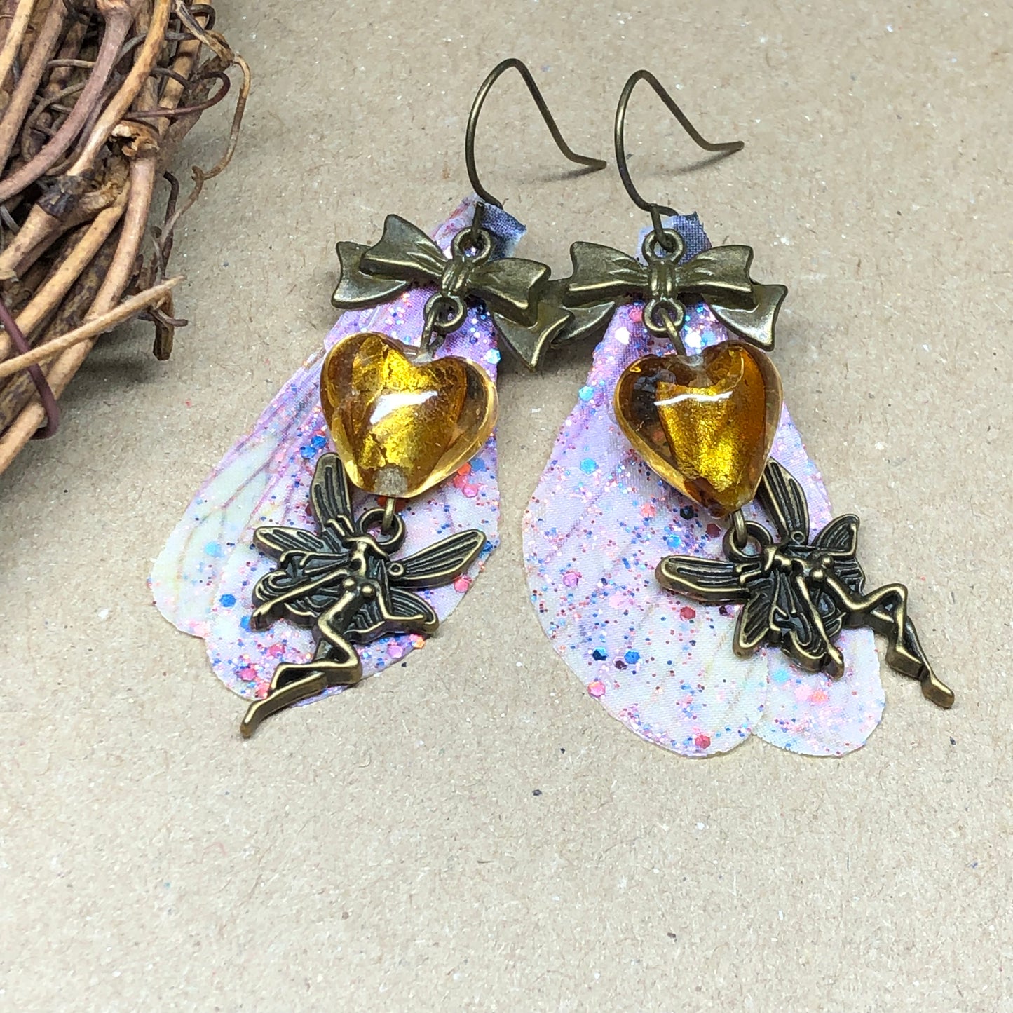 Murano glass heart fairy earrings