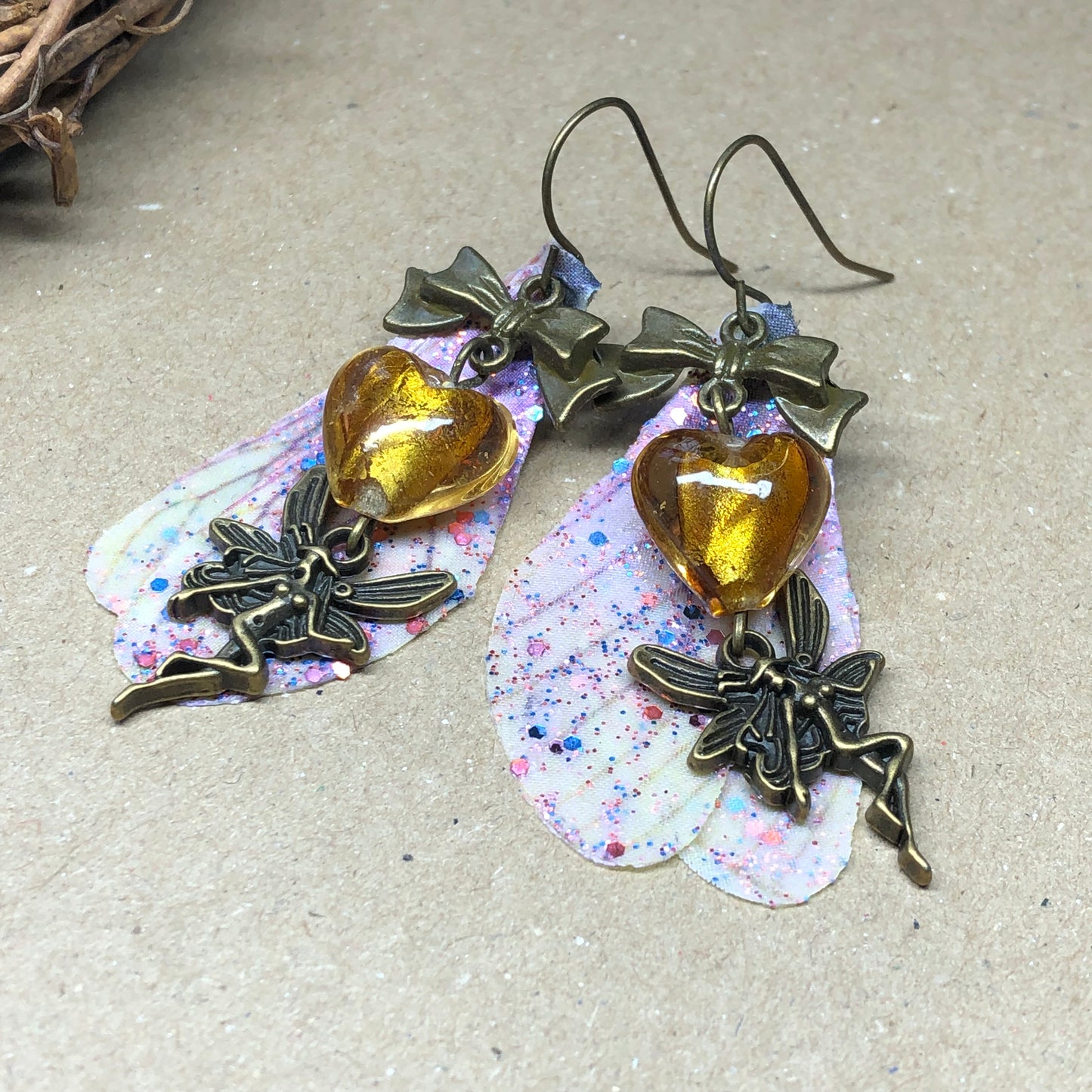 Murano glass heart fairy earrings