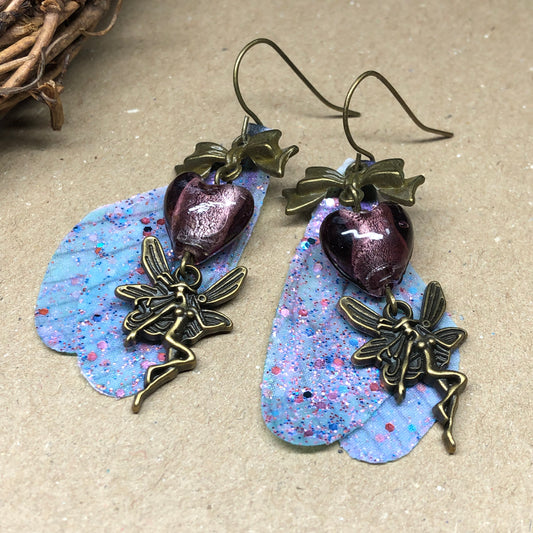 Bronze fairy wing earrings with plum hearts