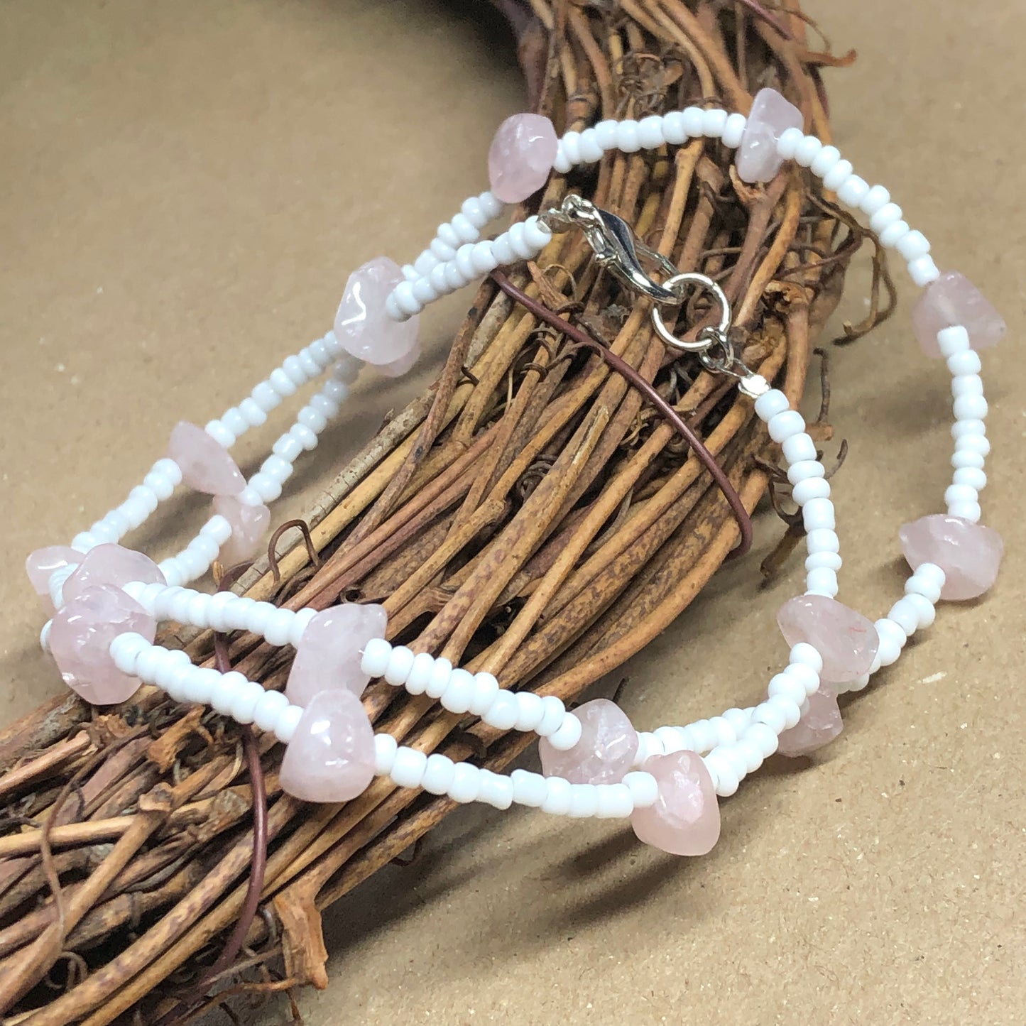 Glass bead and Rose Quartz choker necklace