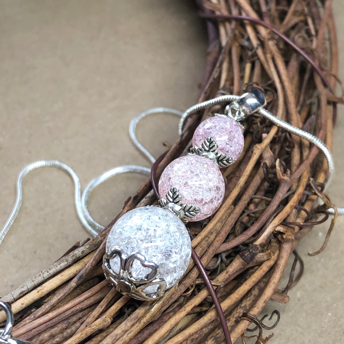 Romantic pink ombre crackle glass silver necklace