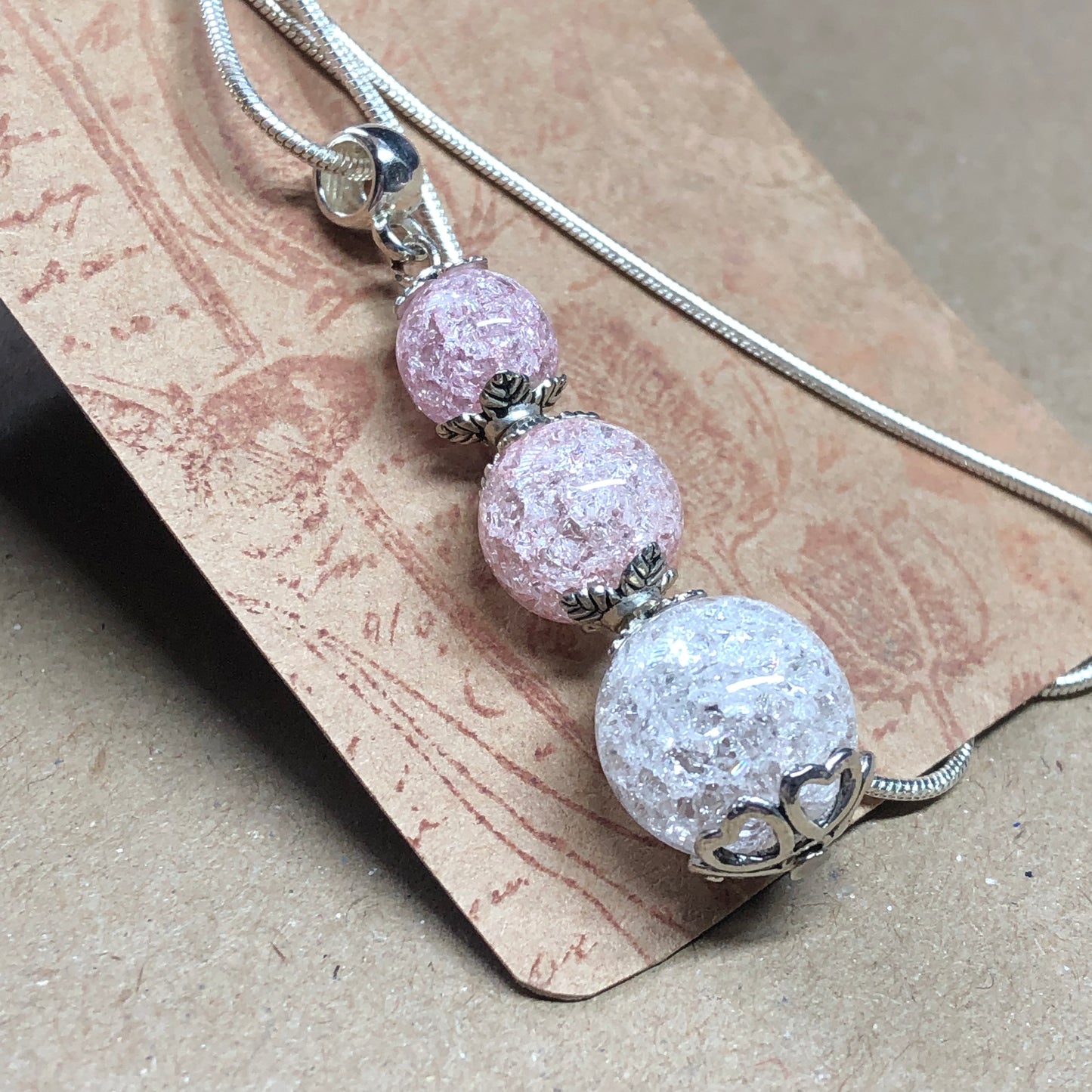 Romantic pink ombre crackle glass silver necklace