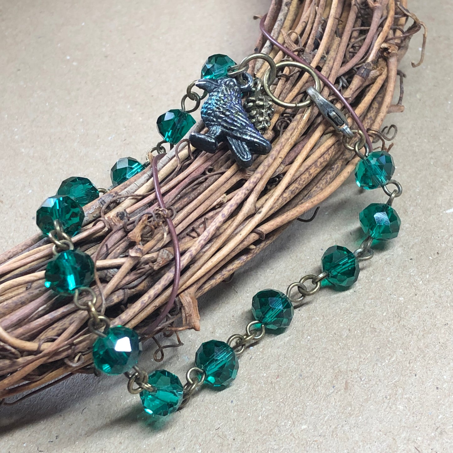 Quoth Raven - Emerald green crystal bird bracelet