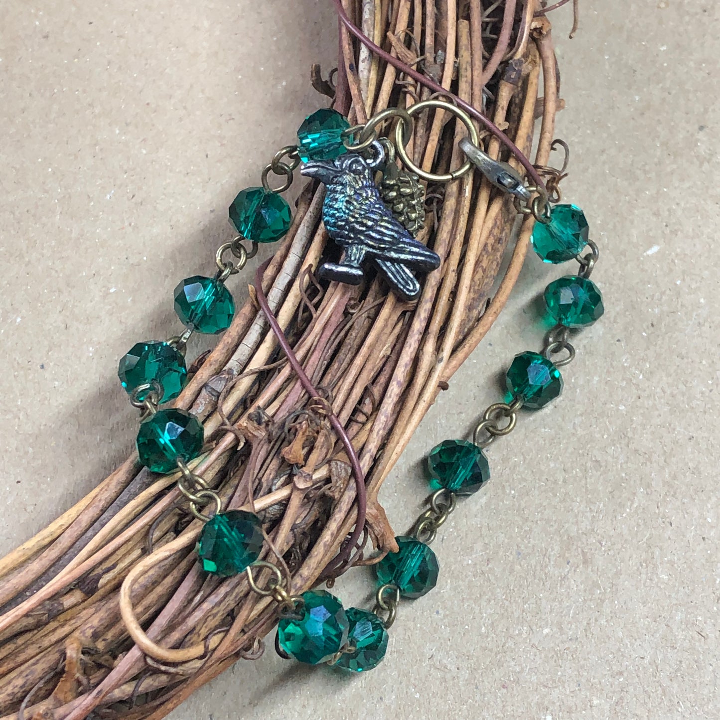 Quoth Raven - Emerald green crystal bird bracelet