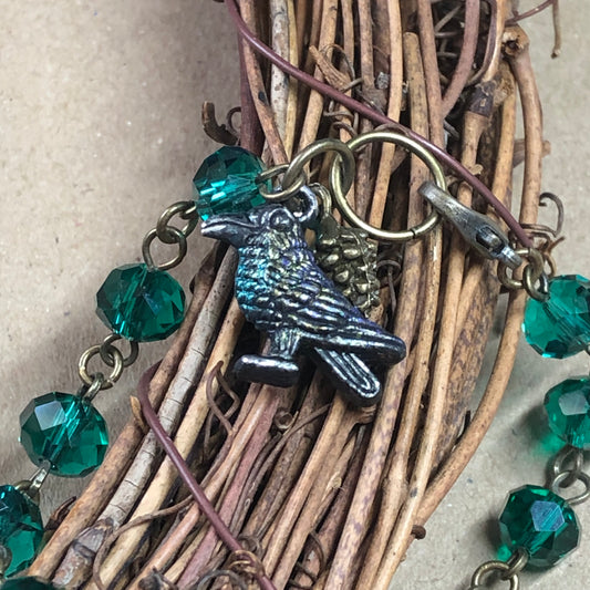 Quoth Raven - Emerald green crystal bird bracelet