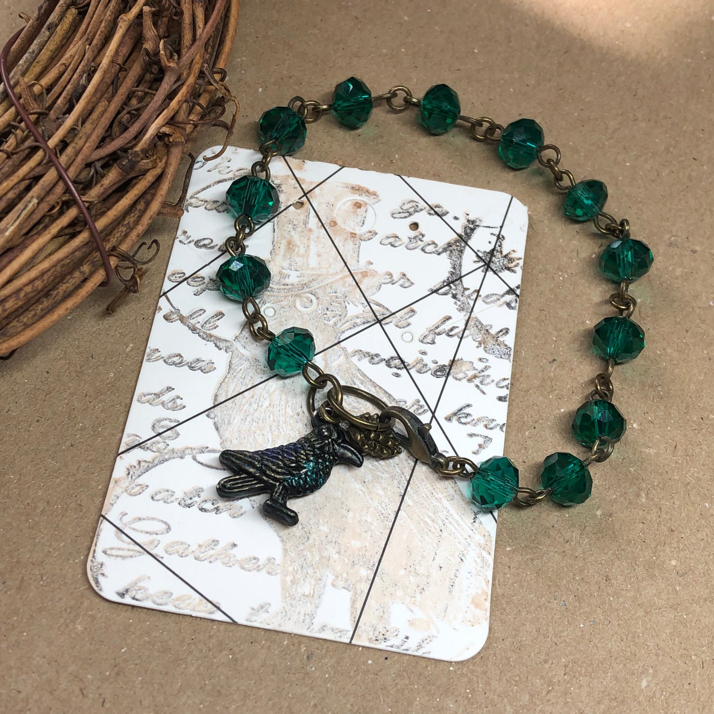 Quoth Raven - Emerald green crystal bird bracelet