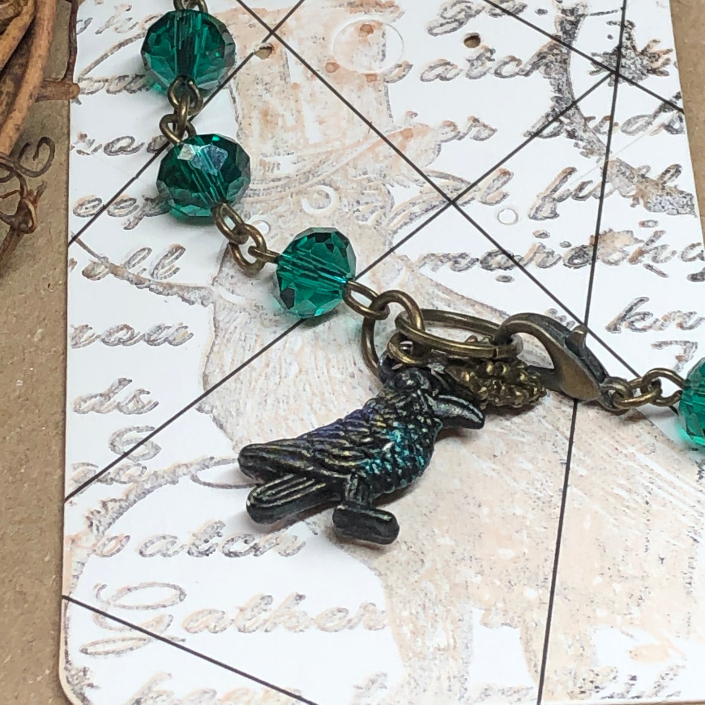 Quoth Raven - Emerald green crystal bird bracelet