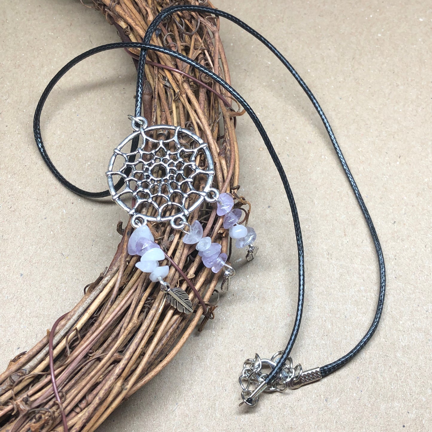 Amethyst dreamcatcher feather necklace