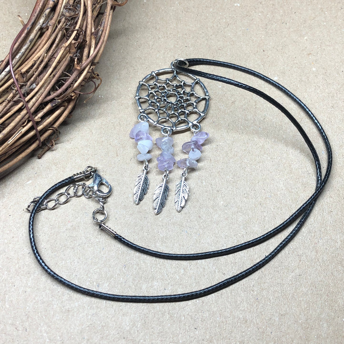 Amethyst dreamcatcher feather necklace