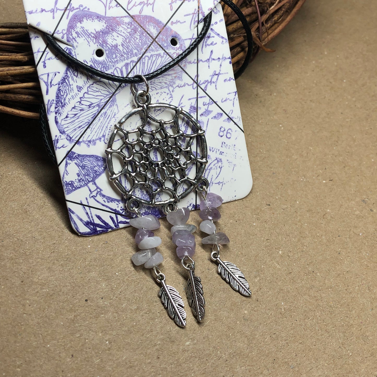 Amethyst dreamcatcher feather necklace