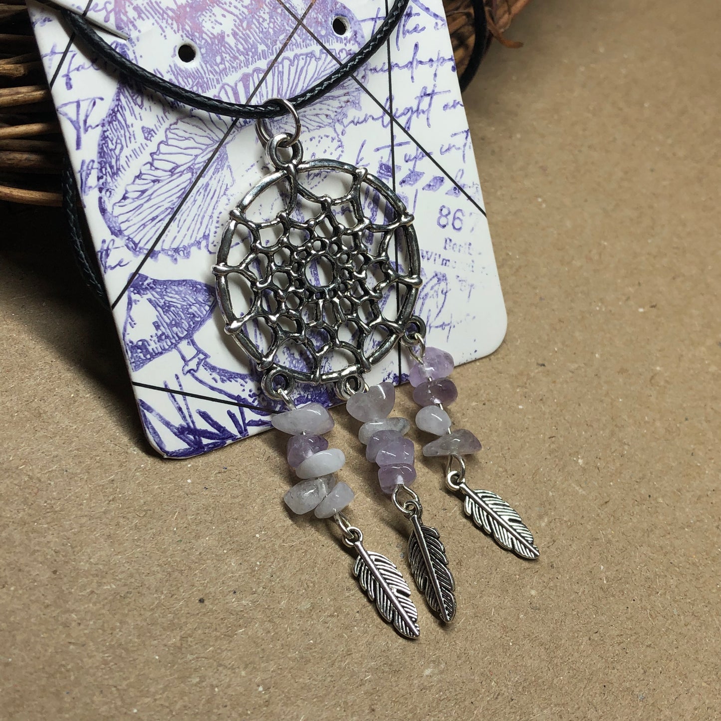 Amethyst dreamcatcher feather necklace