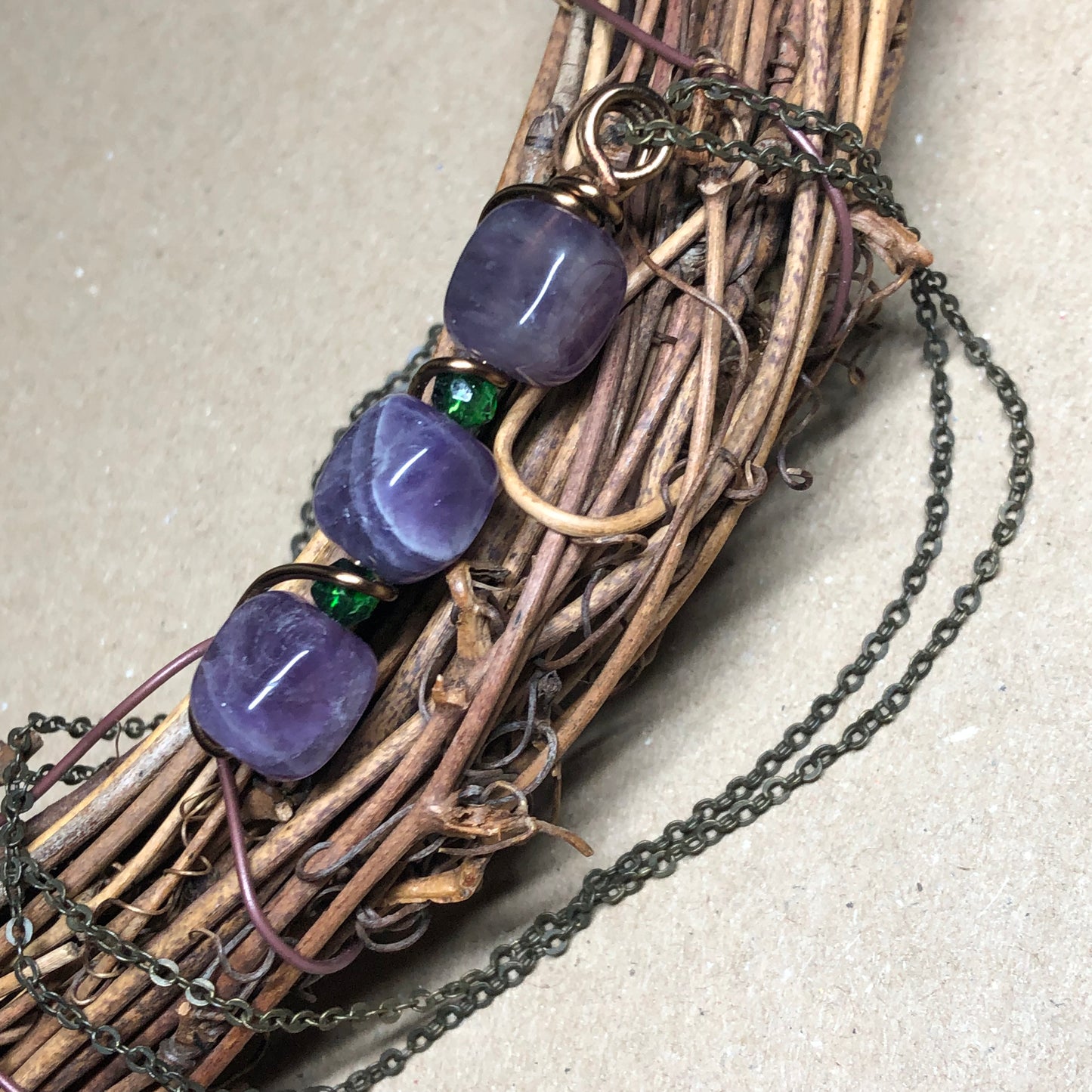 Amethyst and Emerald wire twist pendant necklace