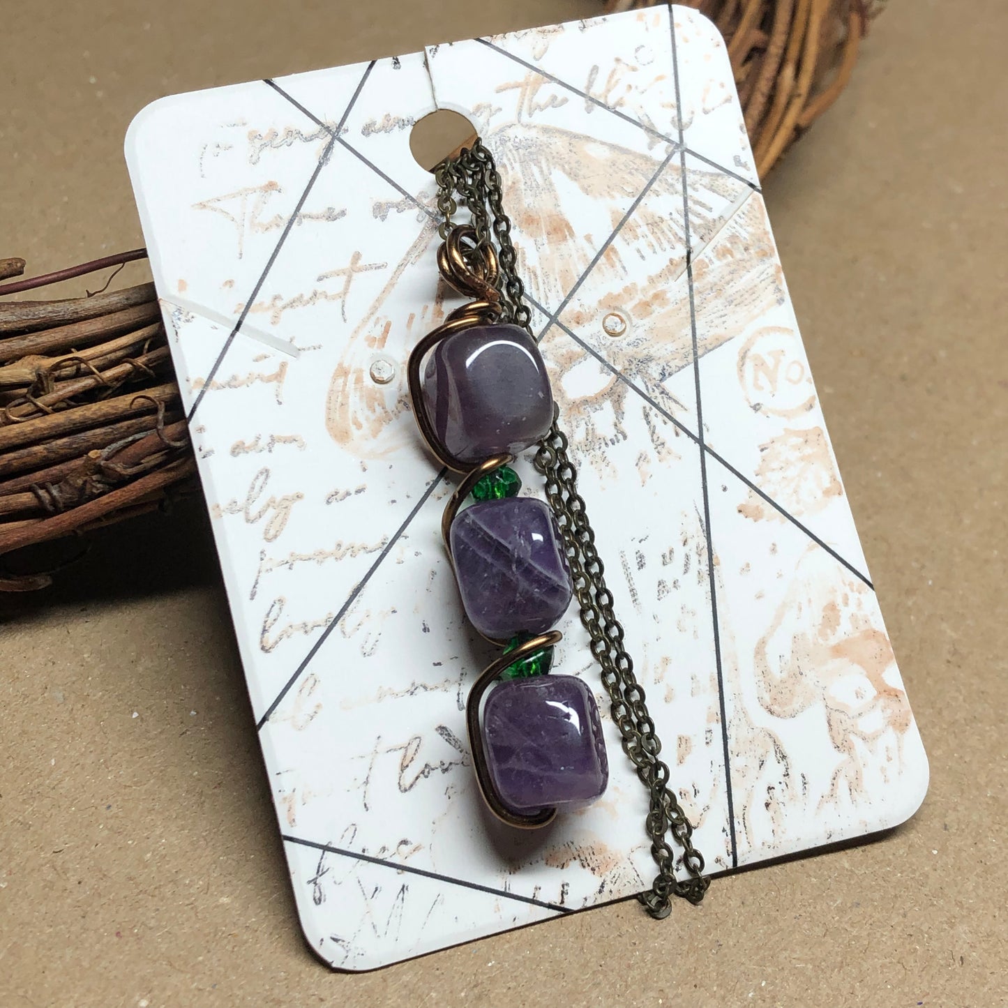 Amethyst and Emerald wire twist pendant necklace