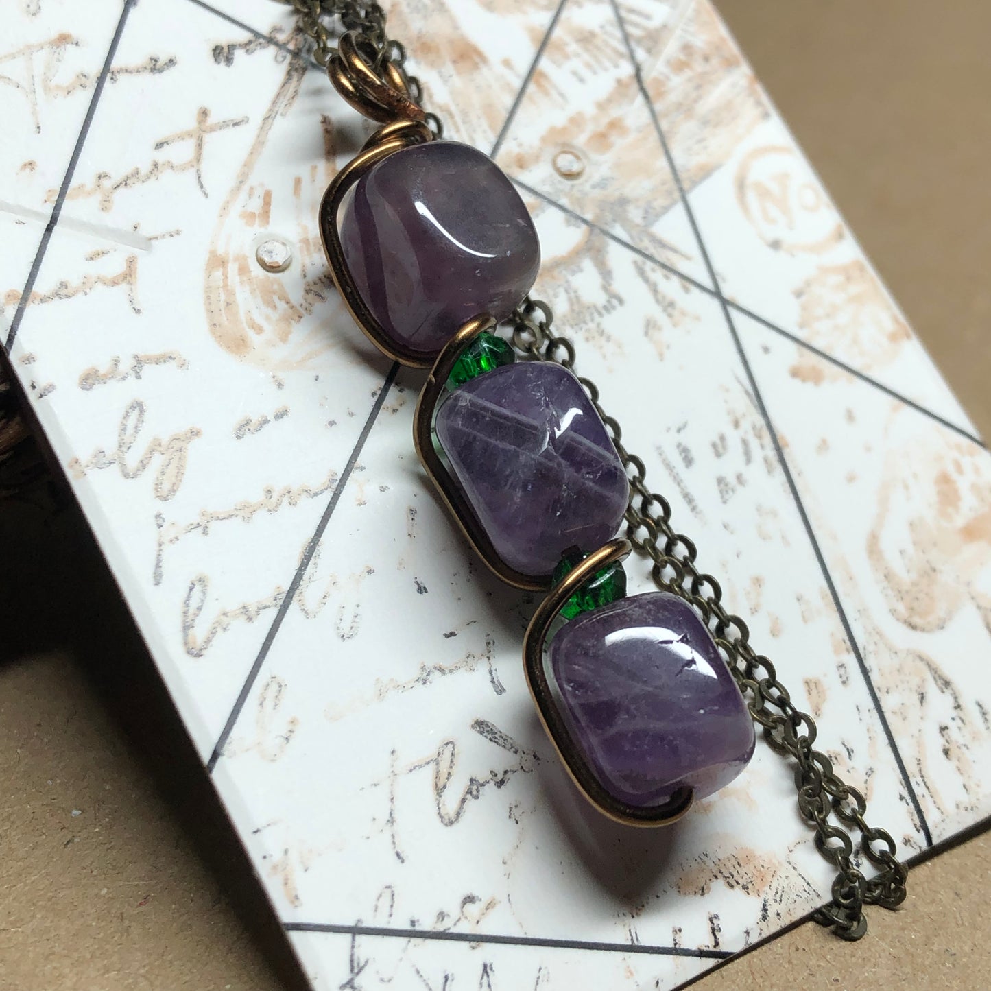 Amethyst and Emerald wire twist pendant necklace