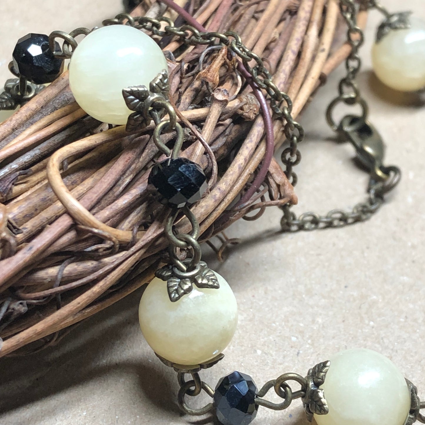 Black crystal and lemon Jade beaded gemstone necklace