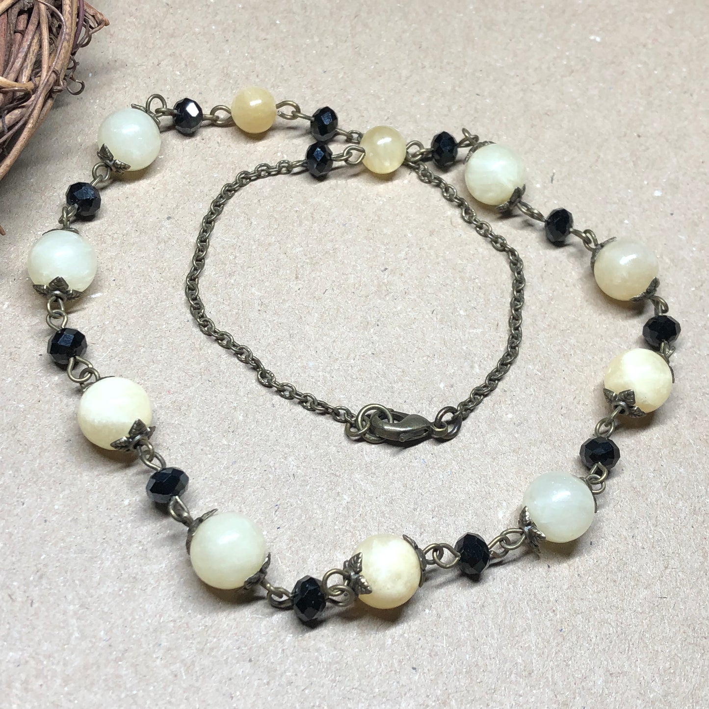 Black crystal and lemon Jade beaded gemstone necklace