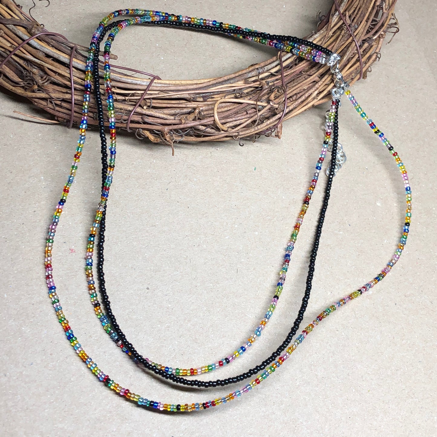 Triple strand rainbow and black choker necklace