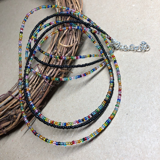 Triple strand rainbow and black choker necklace