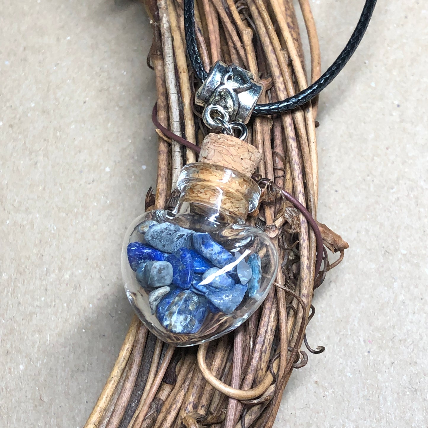 Black cord choker with Sodalite chip wish bottle