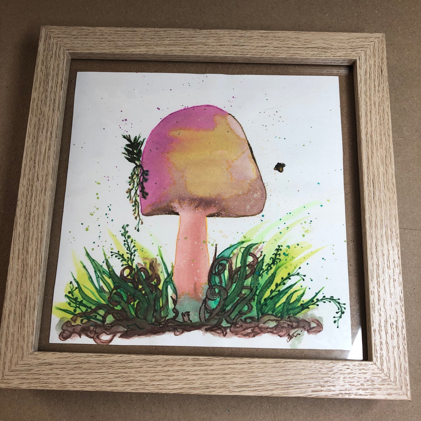 Purple and yellow toadstool framed art