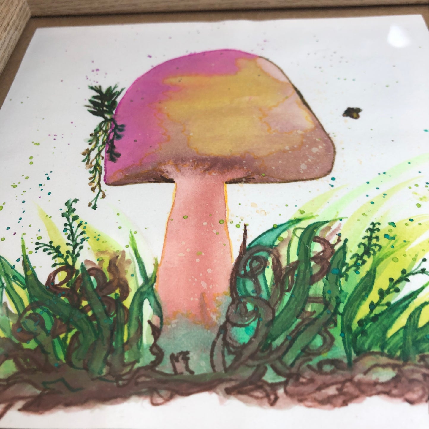 Purple and yellow toadstool framed art