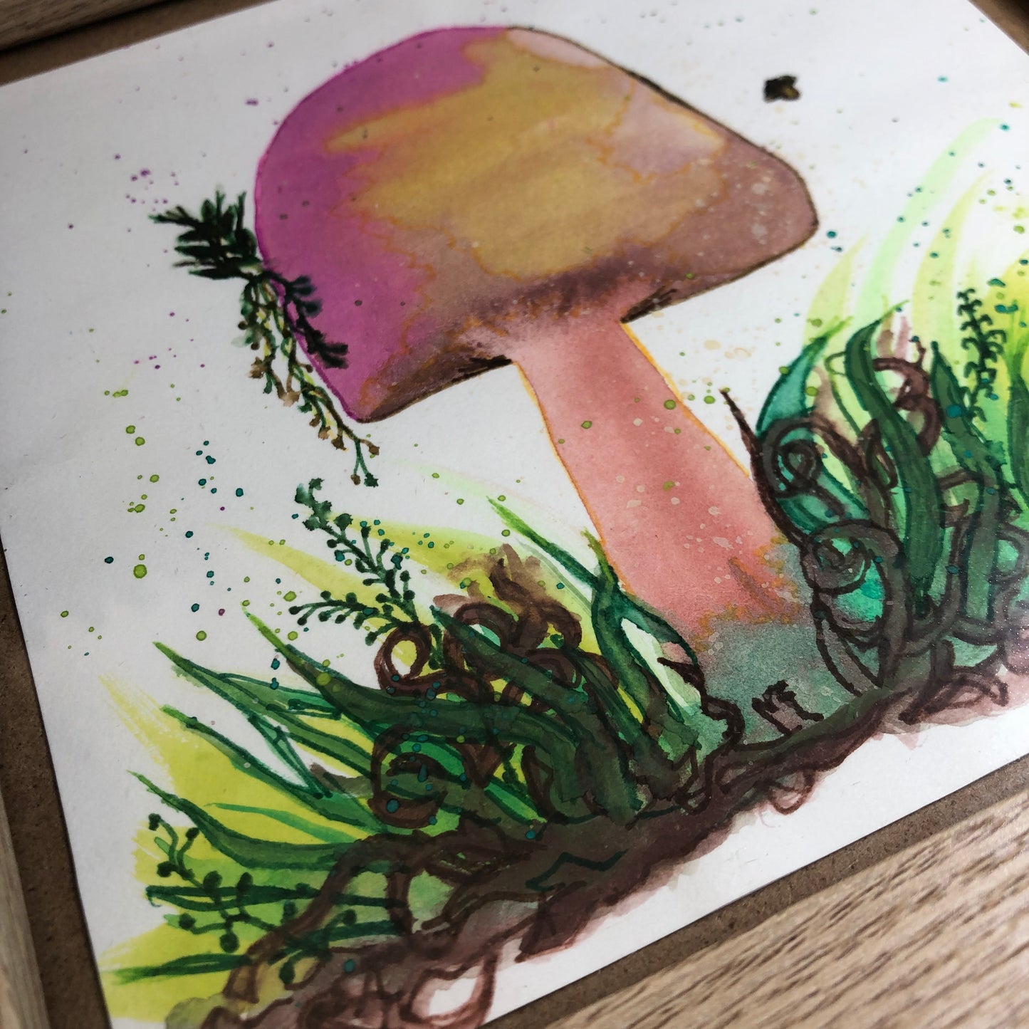 Purple and yellow toadstool framed art