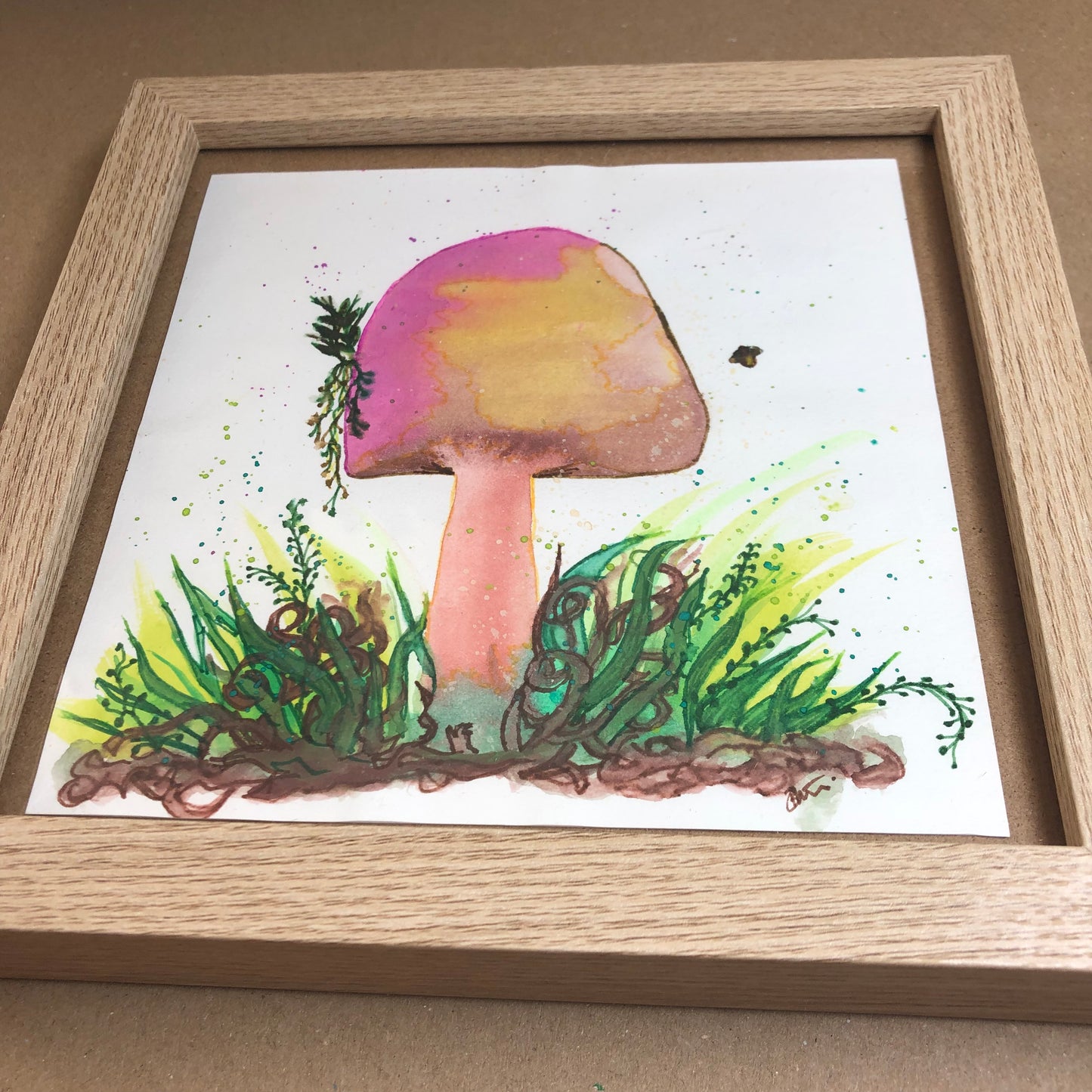 Purple and yellow toadstool framed art