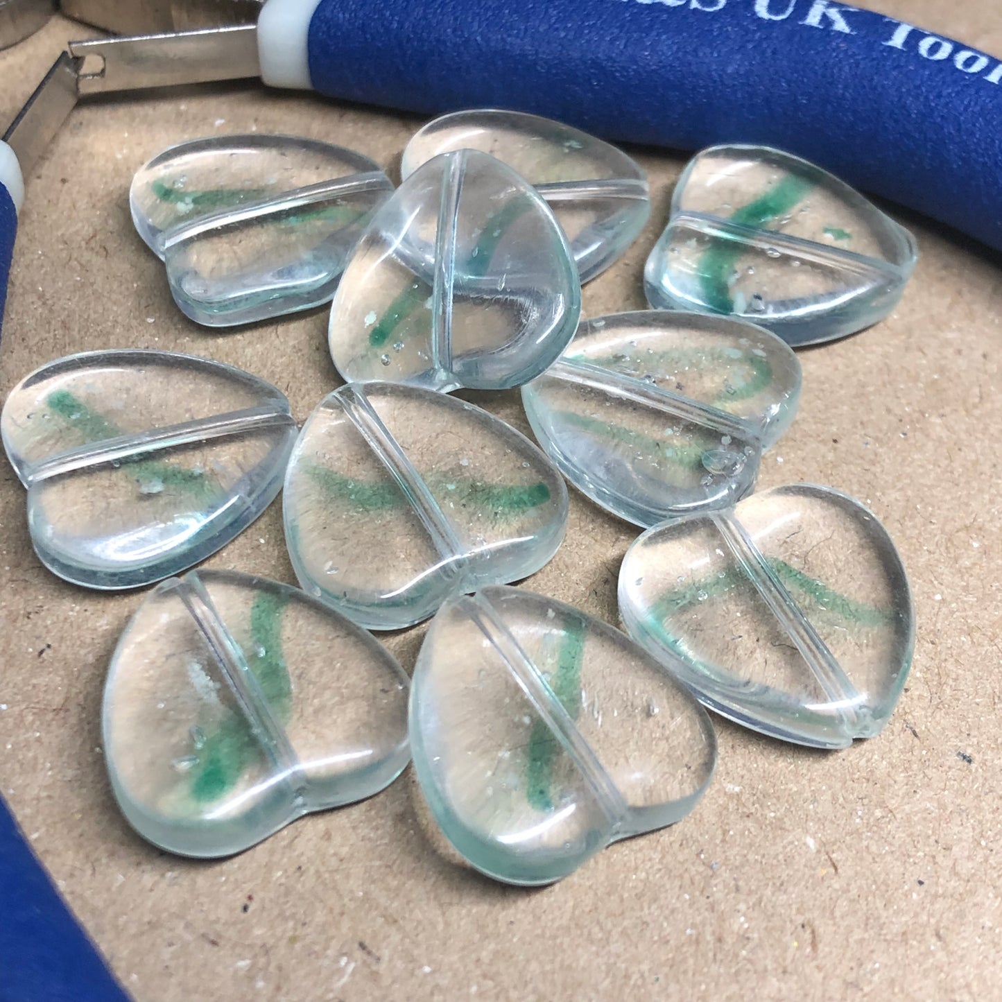 Mint heart shaped glass beads