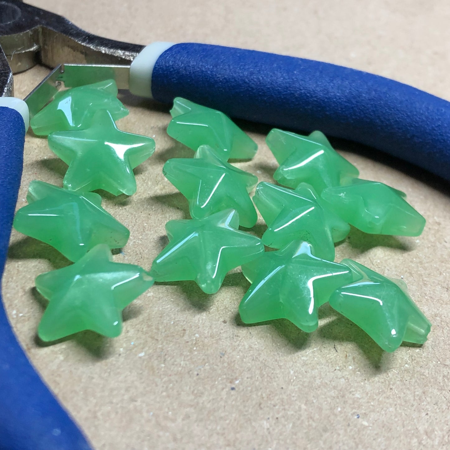 Green cats eye glass star beads